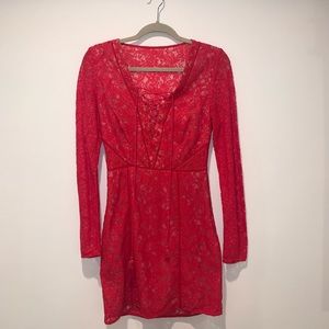 Lace long sleeve red mini dress